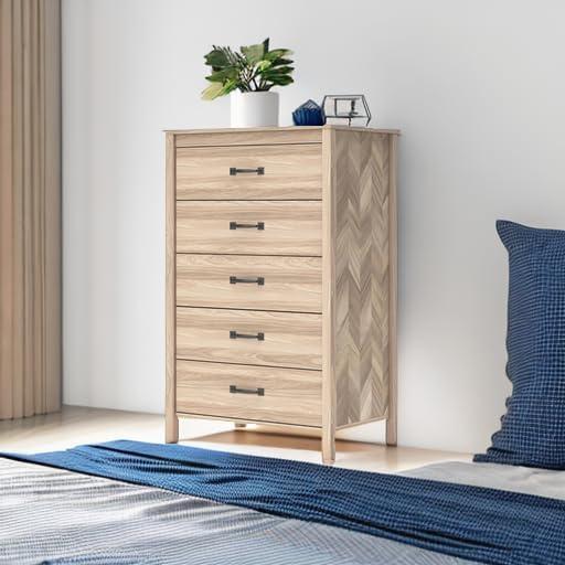 imageSignature Design by Ashley Battelle MidCentury Modern 5 Drawer Wide Chest with Safety Stop for Bedroom Light Brown