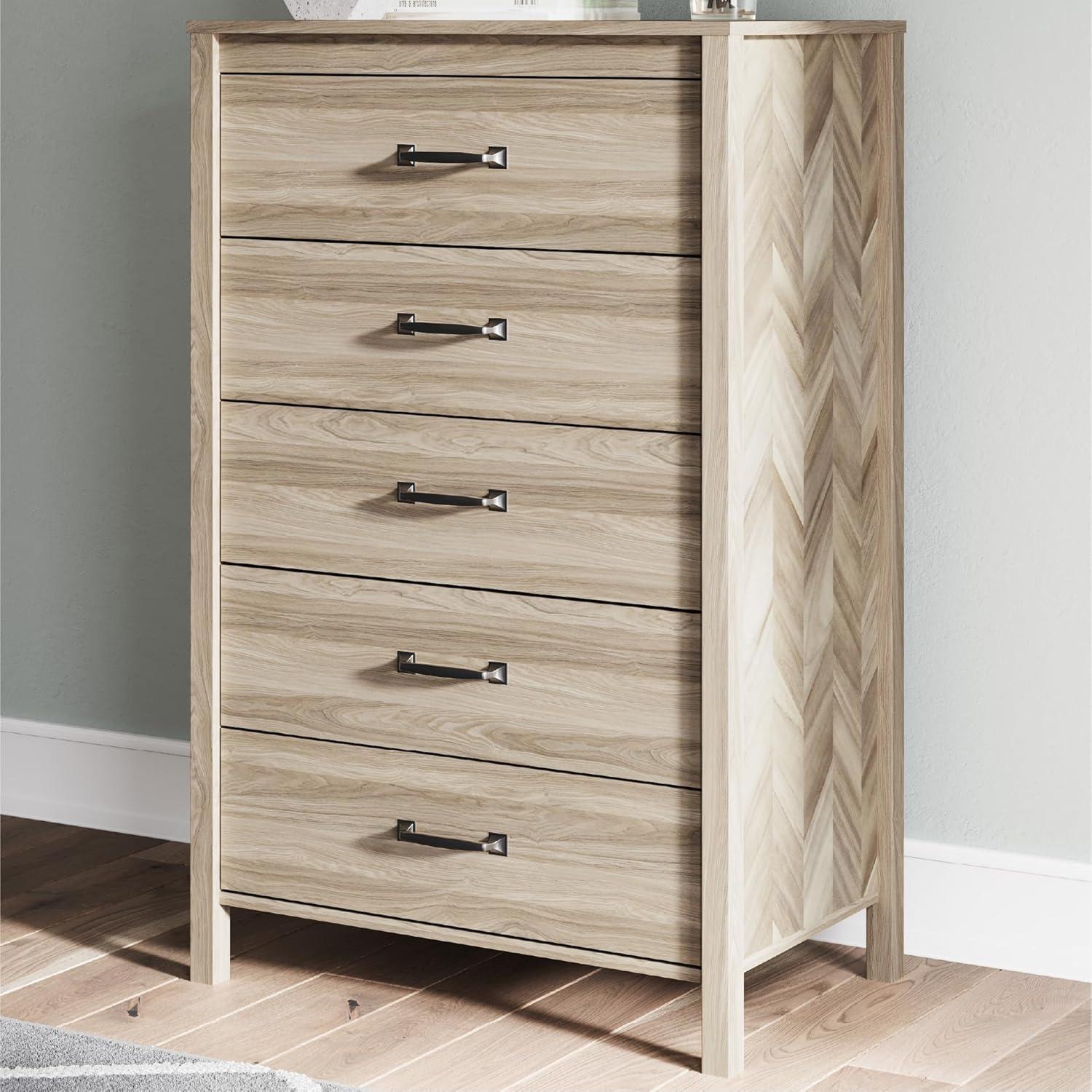 imageSignature Design by Ashley Battelle MidCentury Modern 5 Drawer Wide Chest with Safety Stop for Bedroom Light Brown