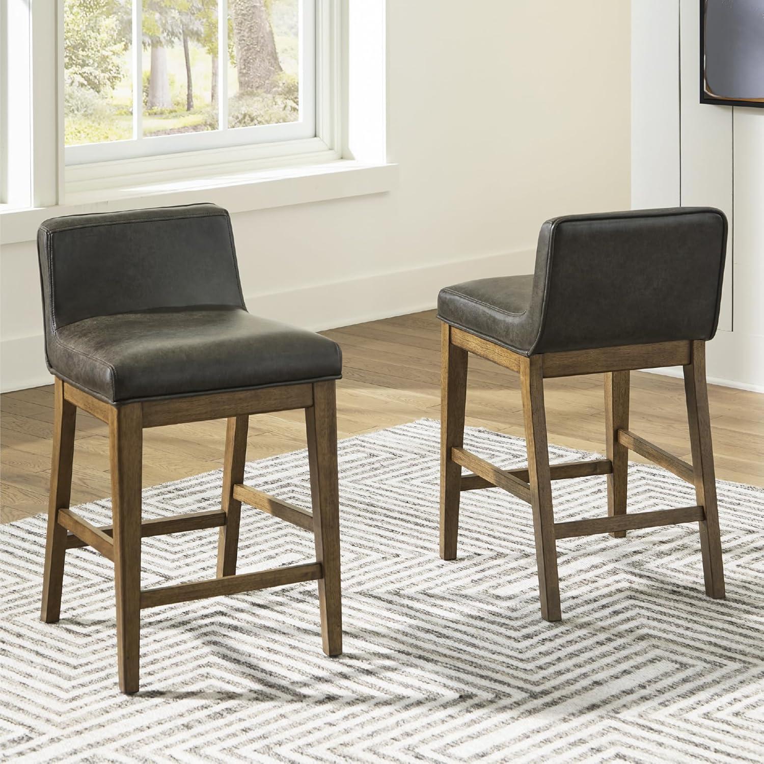 imageSignature Design by Ashley Cabalynn Casual Faux Leather Upholstered Low Back Counter Height Bar Stool with Footrest Set of 2 Light Brown ampamp Black