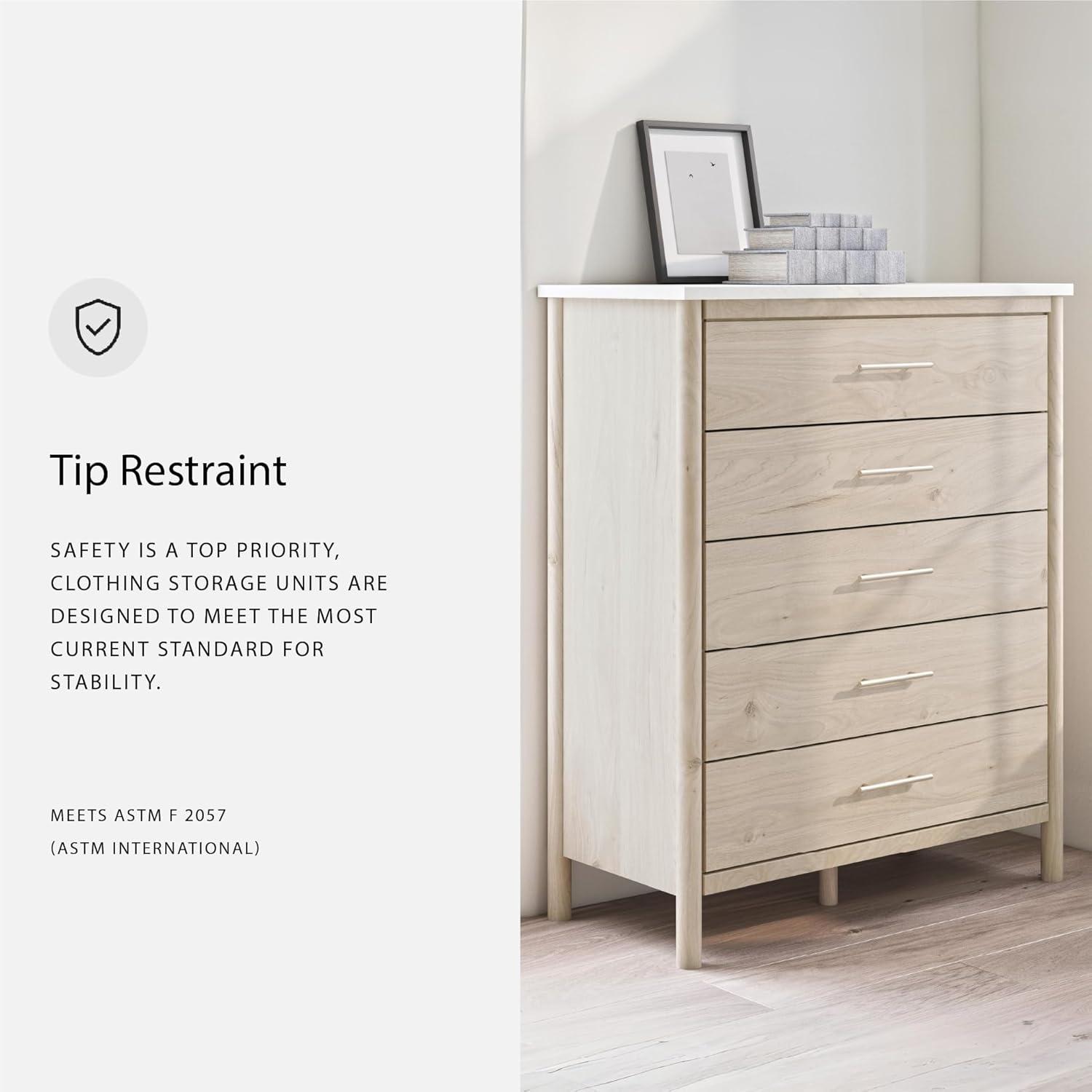 imageSignature Design by Ashley Cadmori Bohemian 5Drawer Chest of Drawers with Safety Stop and Post Legs Black ampamp WhiteLight Brown White