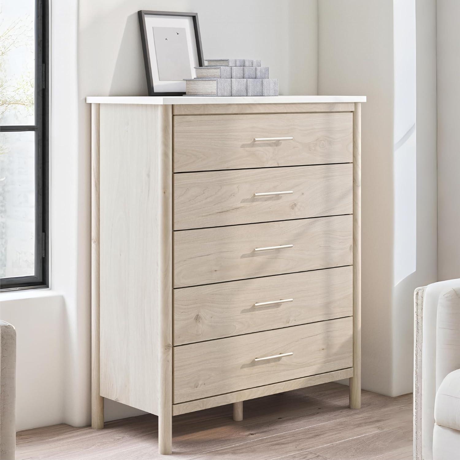 imageSignature Design by Ashley Cadmori Bohemian 5Drawer Chest of Drawers with Safety Stop and Post Legs Black ampamp WhiteLight Brown White