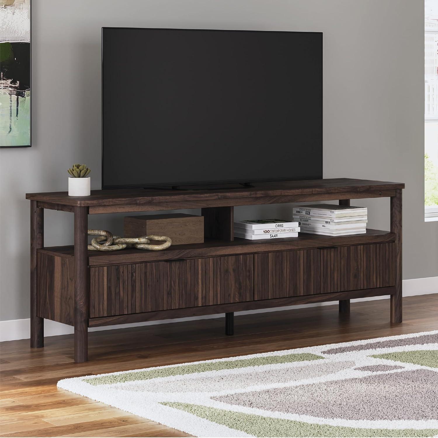 imageSignature Design by Ashley Cadmori Casual 72quot TV Stand for TVs up to 82quot with Ambient Lighting 2 Drawer and a Shelf Dark Brown