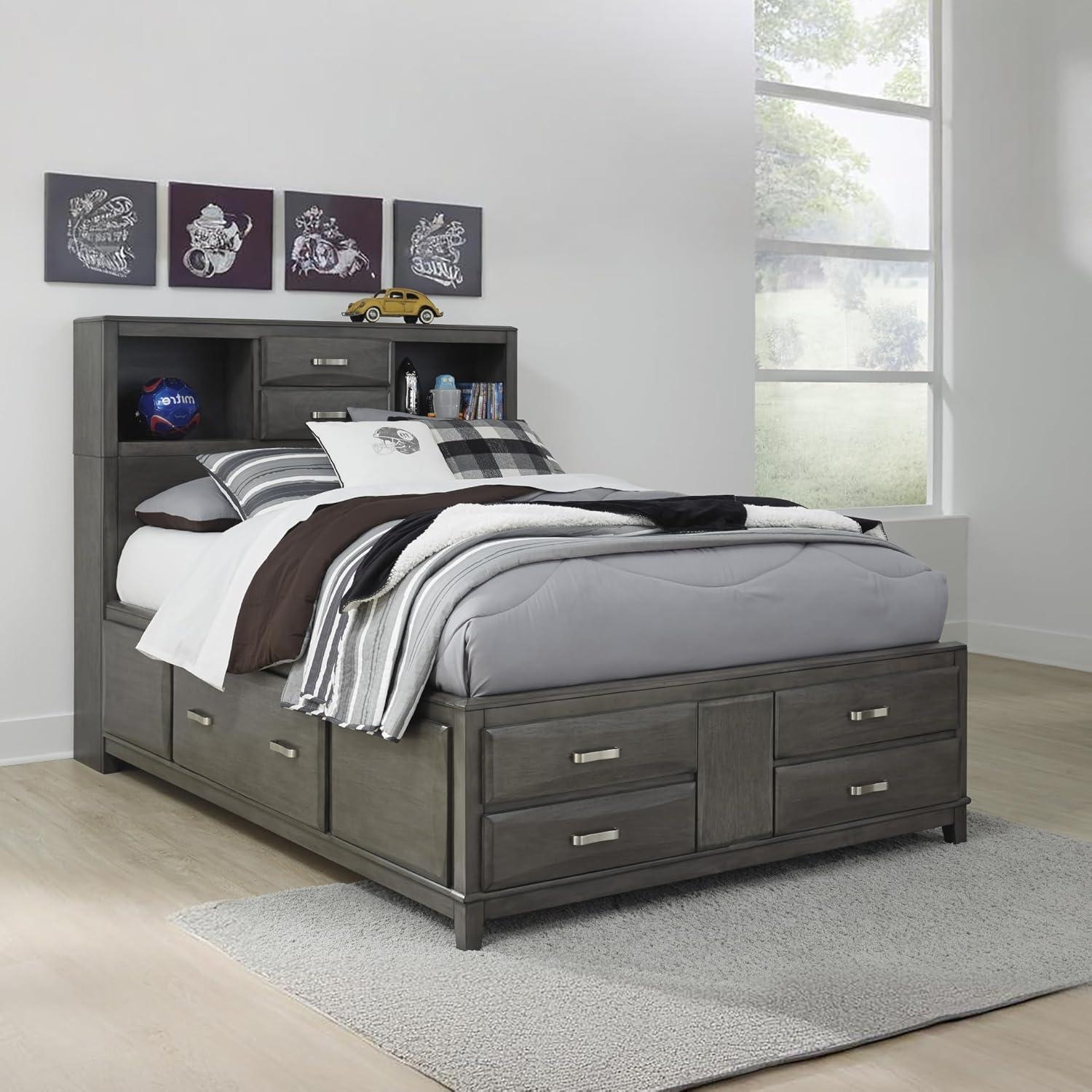 imageSignature Design by Ashley Caitbrook Contemporary Queen Storage Platform Bed with 8 Drawers and 2 Cubbies Foundation or Box Spring Not Needed GrayGrey