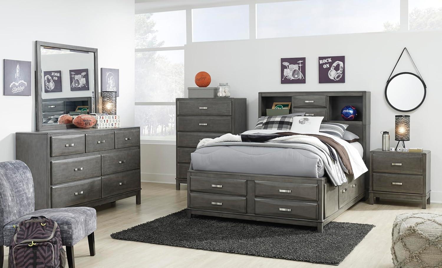 imageSignature Design by Ashley Caitbrook Contemporary Queen Storage Platform Bed with 8 Drawers and 2 Cubbies Foundation or Box Spring Not Needed GrayGrey