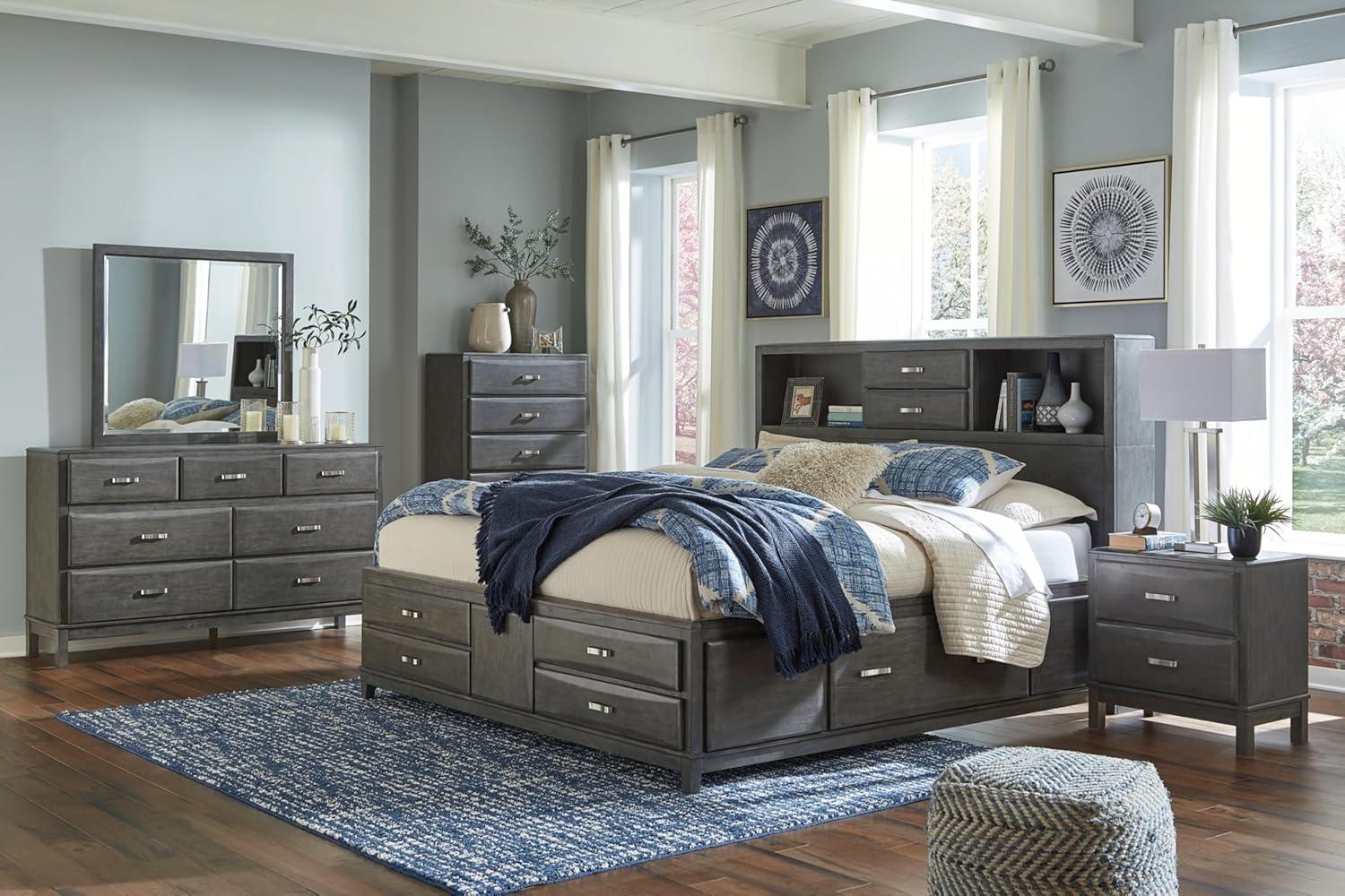 imageSignature Design by Ashley Caitbrook Contemporary Queen Storage Platform Bed with 8 Drawers and 2 Cubbies Foundation or Box Spring Not Needed GrayGrey