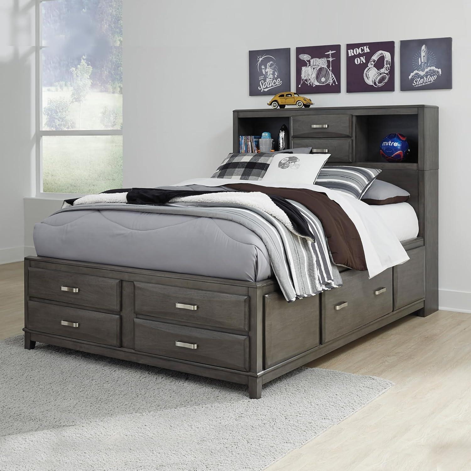 imageSignature Design by Ashley Caitbrook Contemporary Queen Storage Platform Bed with 8 Drawers and 2 Cubbies Foundation or Box Spring Not Needed GrayGrey