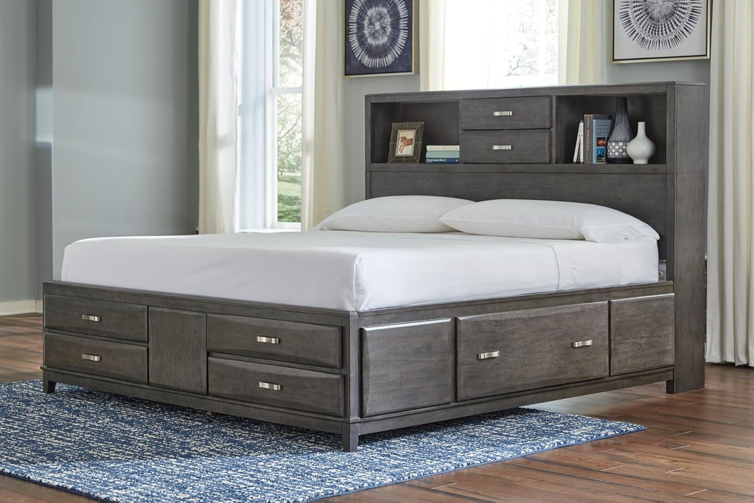 imageSignature Design by Ashley Caitbrook Contemporary Queen Storage Platform Bed with 8 Drawers and 2 Cubbies Foundation or Box Spring Not Needed GrayGrey