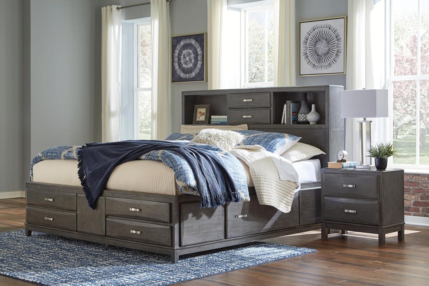 imageSignature Design by Ashley Caitbrook Contemporary Queen Storage Platform Bed with 8 Drawers and 2 Cubbies Foundation or Box Spring Not Needed GrayGrey