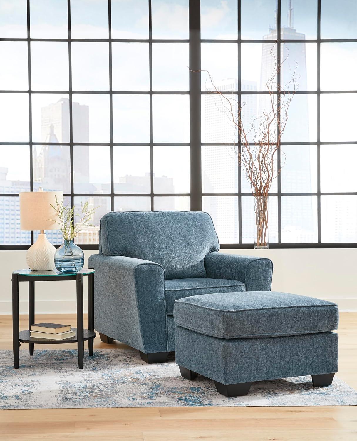 imageSignature Design by Ashley Cashton Contemporary Accent Ottoman with Faux Wood Finished Exposed Feet Foam Cushion Crosshatched Upholstery 30quot by 24quot BlueBlue
