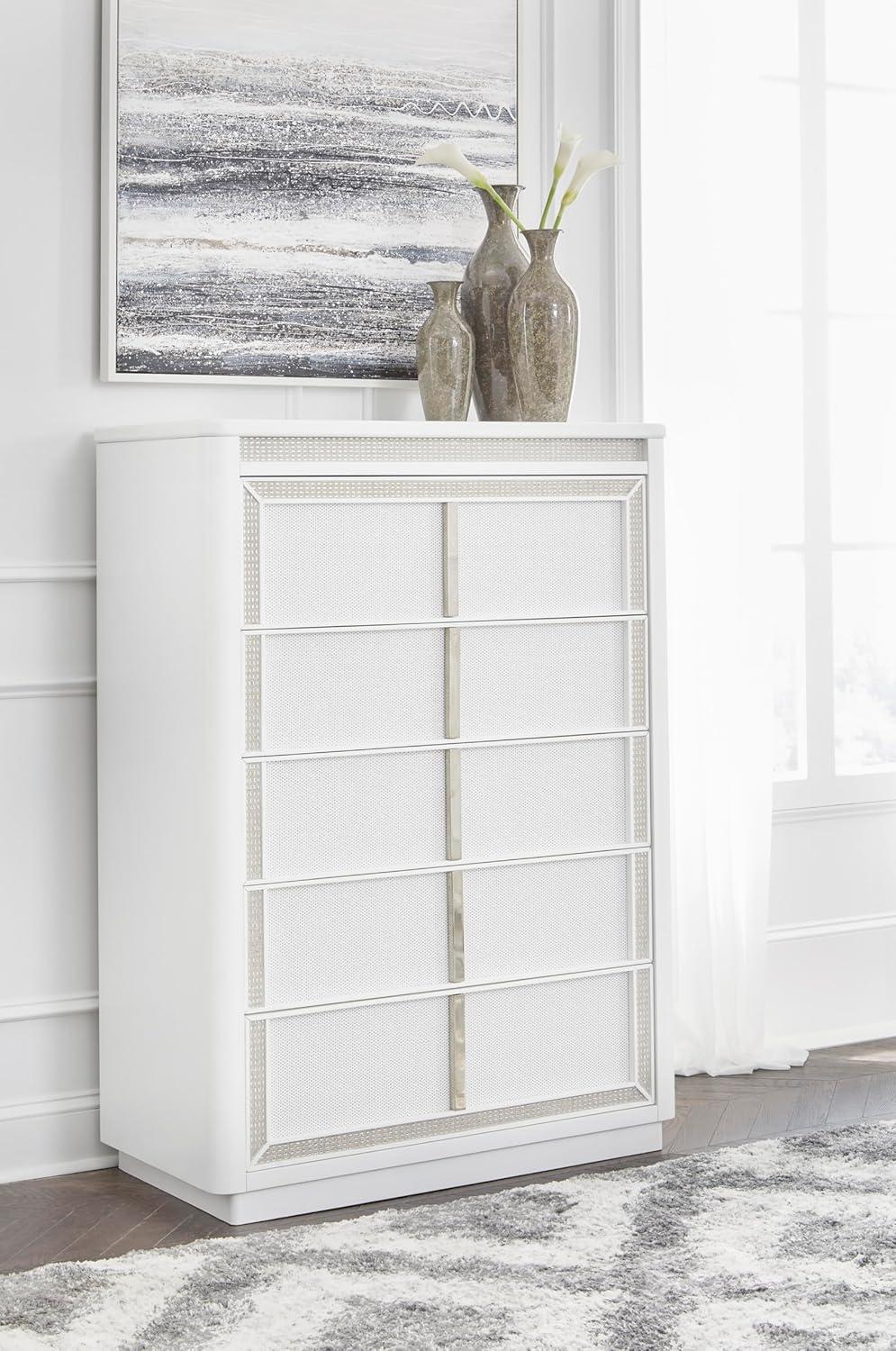 imageSignature Design by Ashley Chalanna Contemporary Chest of Drawers with FeltLined Top Drawer LED Lighting and Glamorous Details White