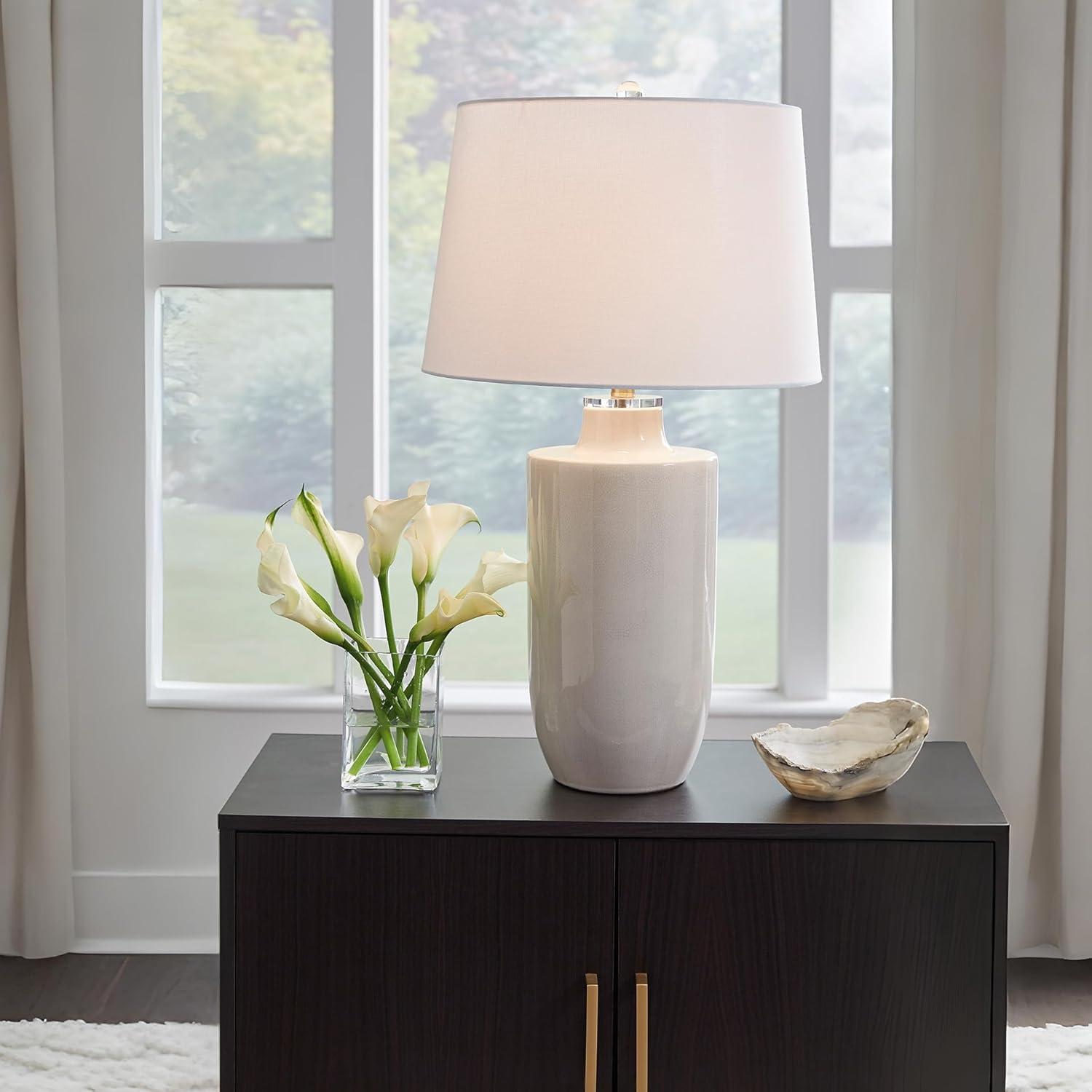 imageSignature Design by Ashley Cylener Vintage Ceramic Table Lamp with 3Way Switch White ampamp Beige