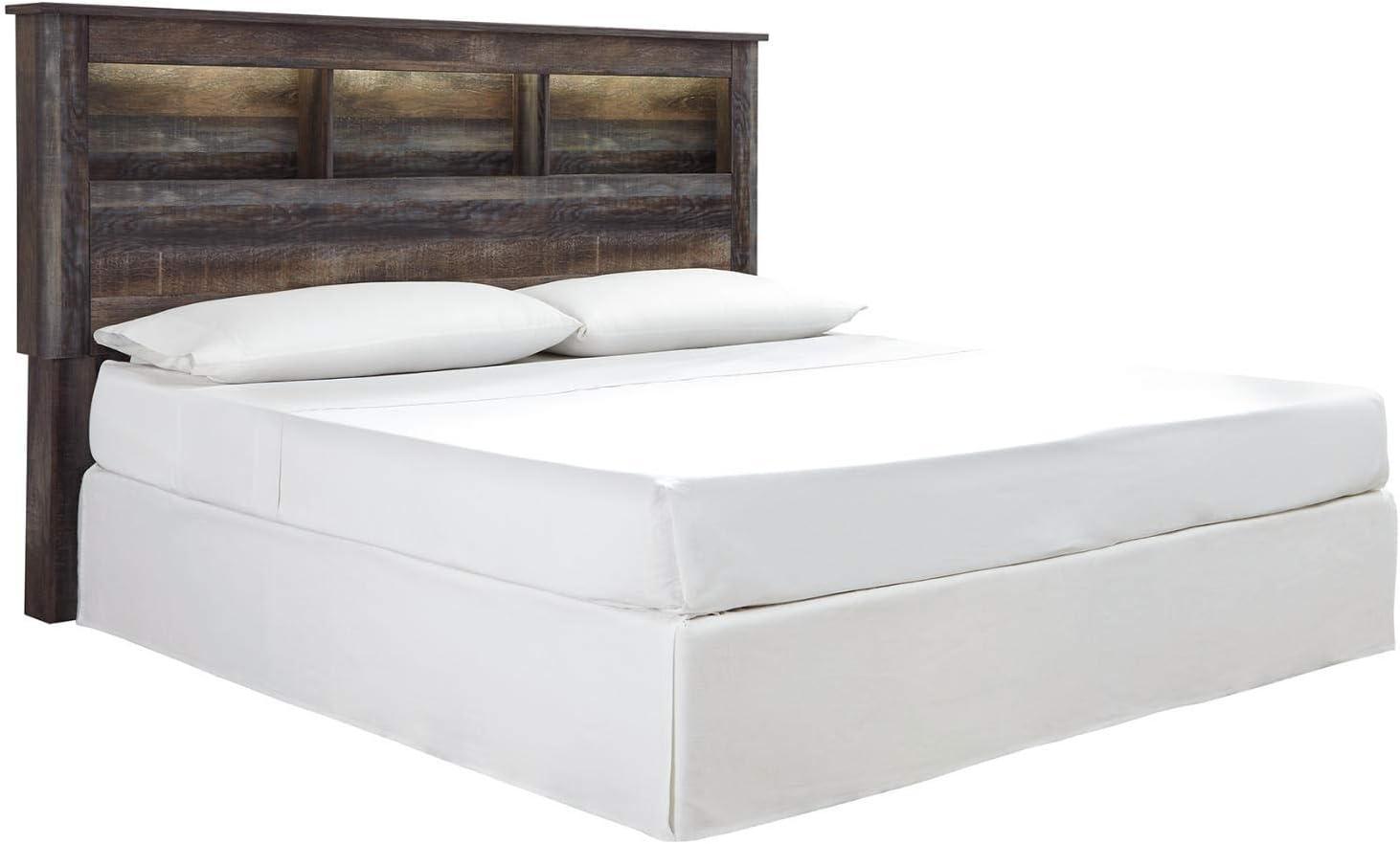 imageSignature Design by Ashley Drystan Rustic Full Bookcase Bed with Open Cubbies and LED Lights Foundation or Box Spring Needed Dark Brown ampamp GrayCalifornia King