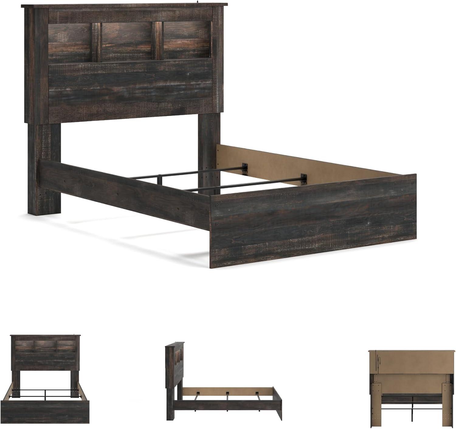 imageSignature Design by Ashley Drystan Rustic Full Bookcase Bed with Open Cubbies and LED Lights Foundation or Box Spring Needed Dark Brown ampamp GrayFull