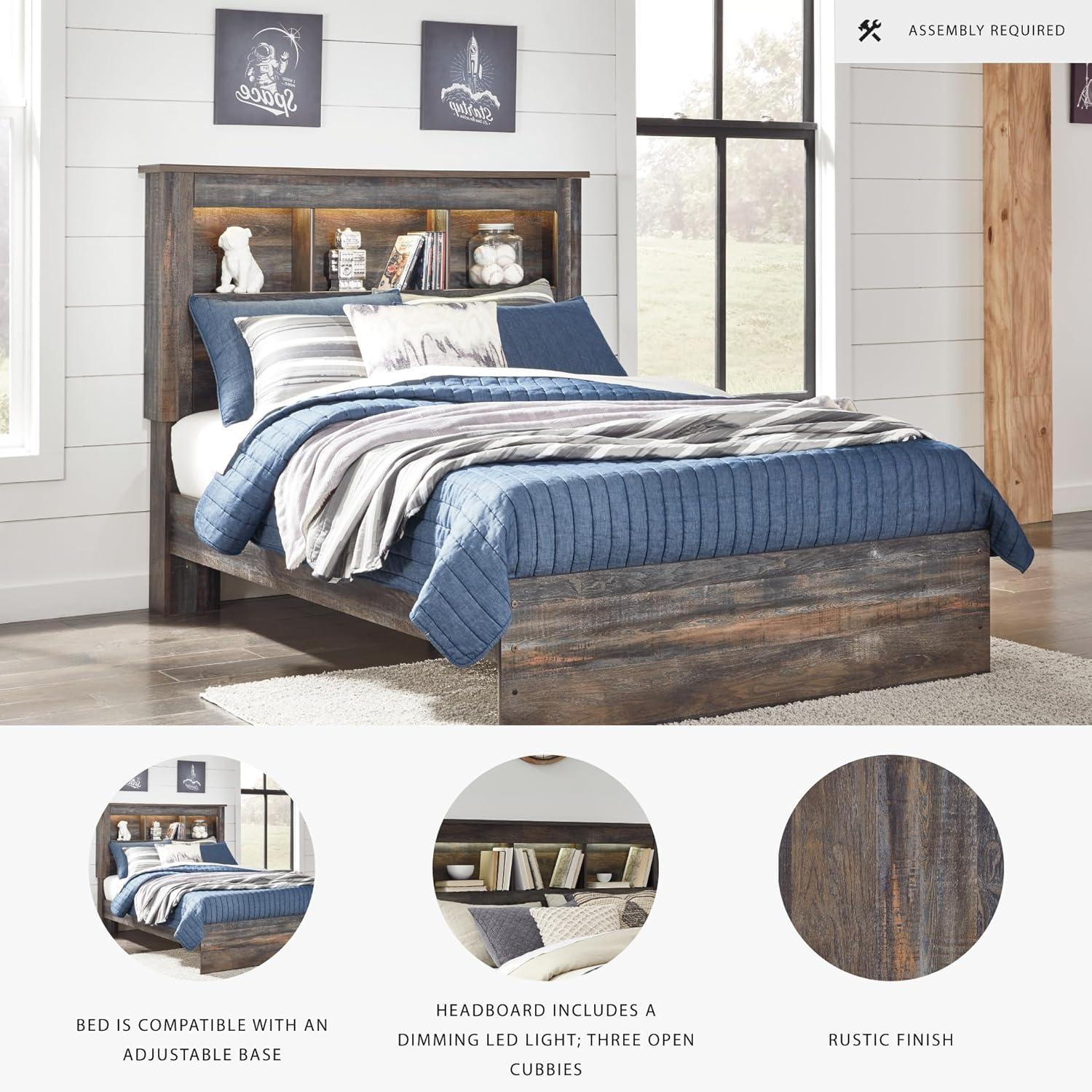 imageSignature Design by Ashley Drystan Rustic Full Bookcase Bed with Open Cubbies and LED Lights Foundation or Box Spring Needed Dark Brown ampamp GrayFull