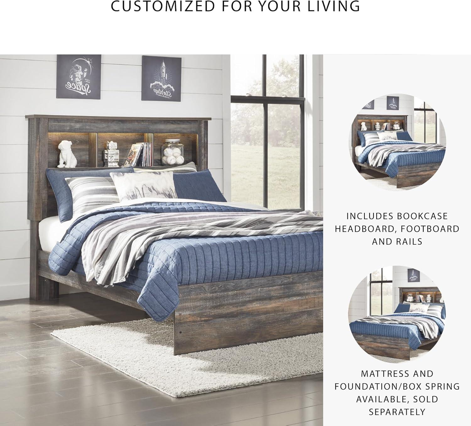 imageSignature Design by Ashley Drystan Rustic Full Bookcase Bed with Open Cubbies and LED Lights Foundation or Box Spring Needed Dark Brown ampamp GrayFull