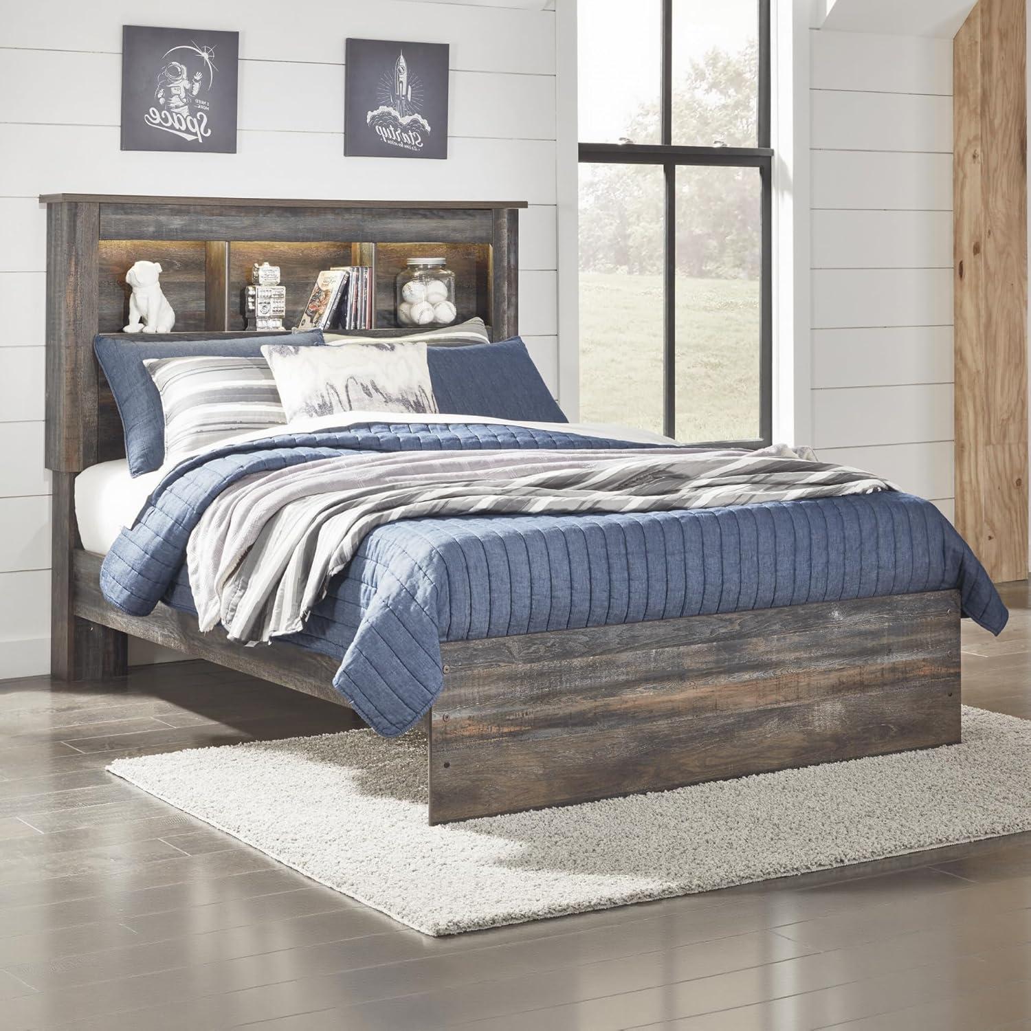 imageSignature Design by Ashley Drystan Rustic Full Bookcase Bed with Open Cubbies and LED Lights Foundation or Box Spring Needed Dark Brown ampamp GrayFull