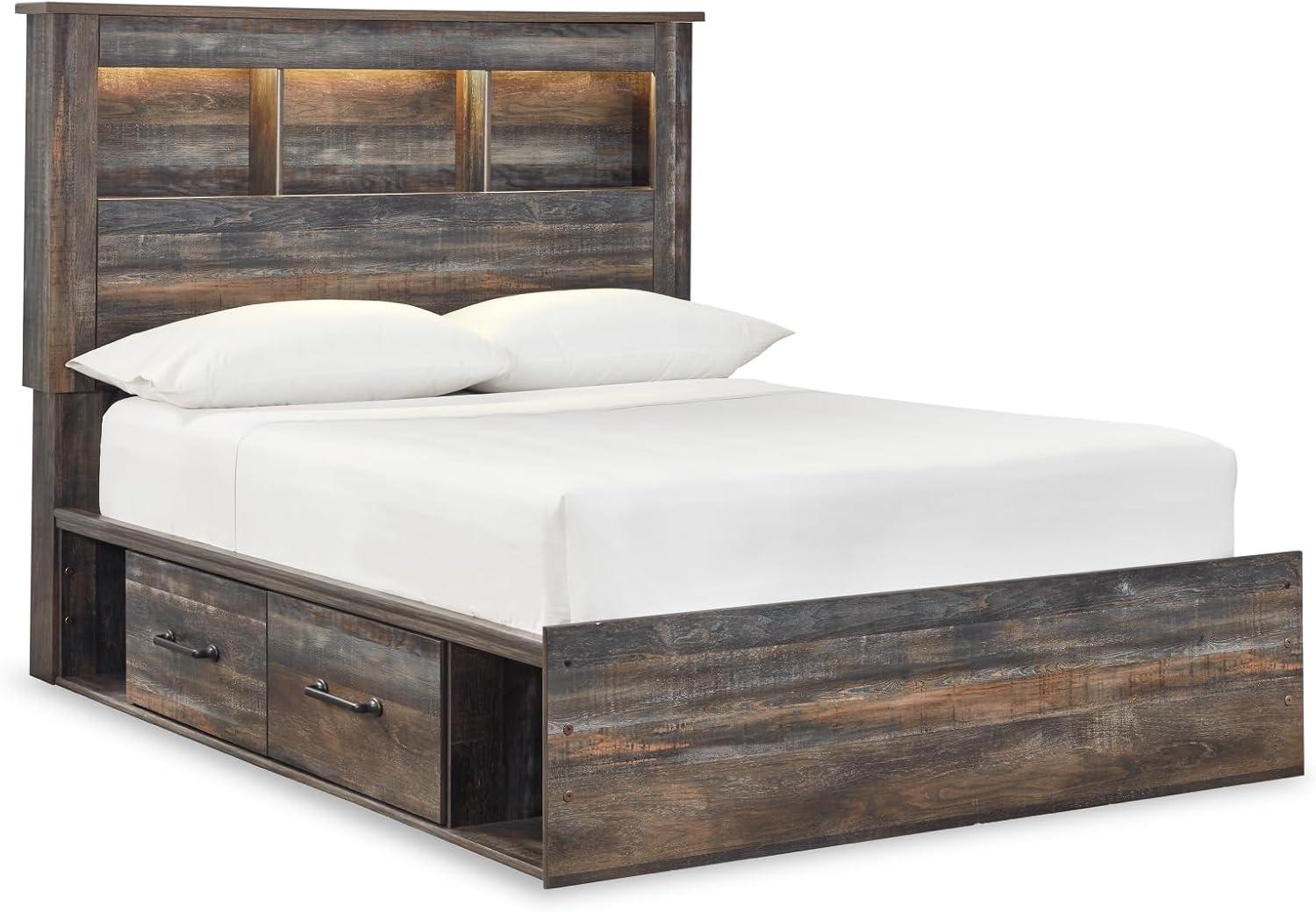 imageSignature Design by Ashley Drystan Rustic Full Bookcase Bed with Open Cubbies and LED Lights Foundation or Box Spring Needed Dark Brown ampamp GrayFull