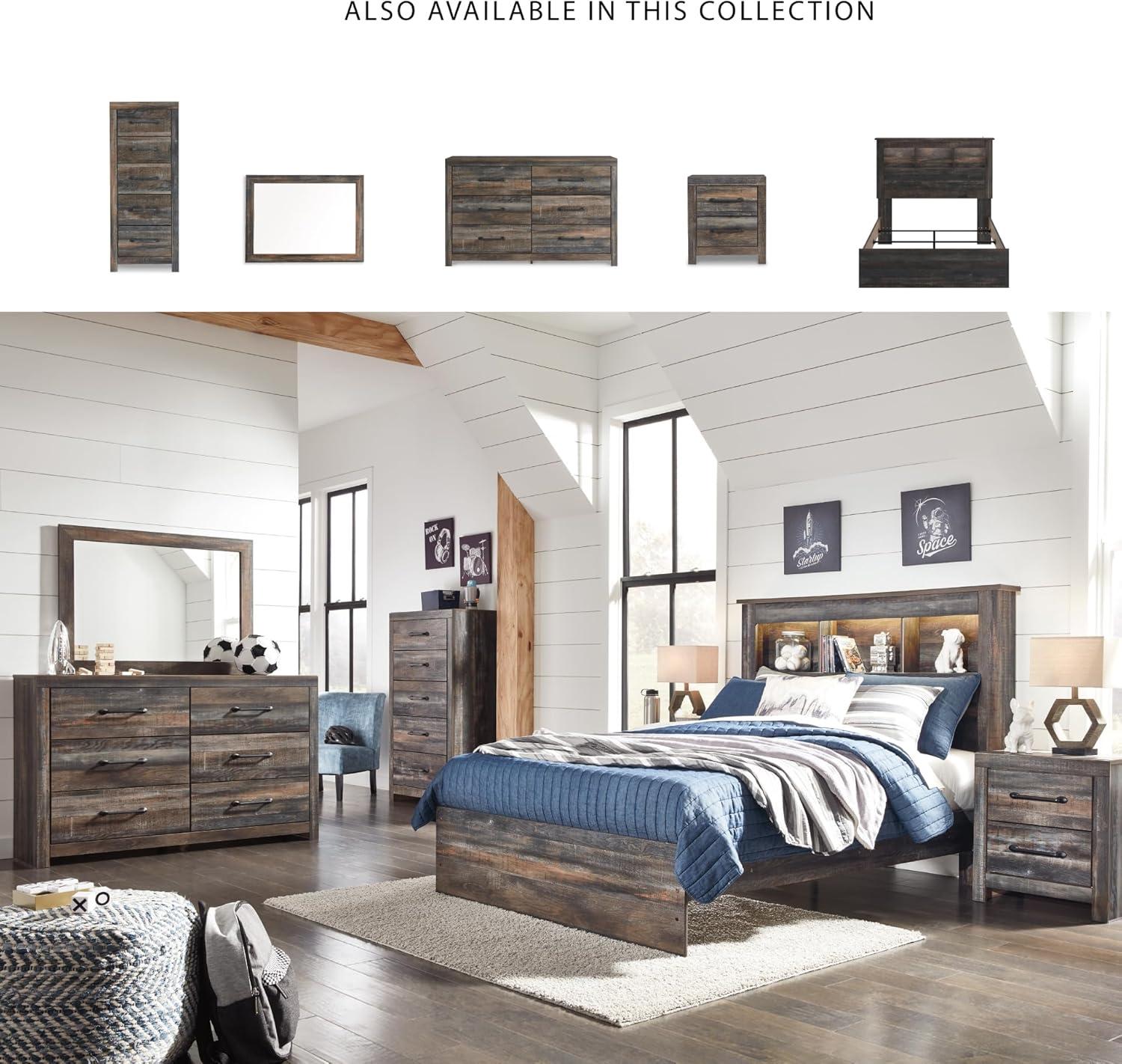 imageSignature Design by Ashley Drystan Rustic Full Bookcase Bed with Open Cubbies and LED Lights Foundation or Box Spring Needed Dark Brown ampamp GrayFull