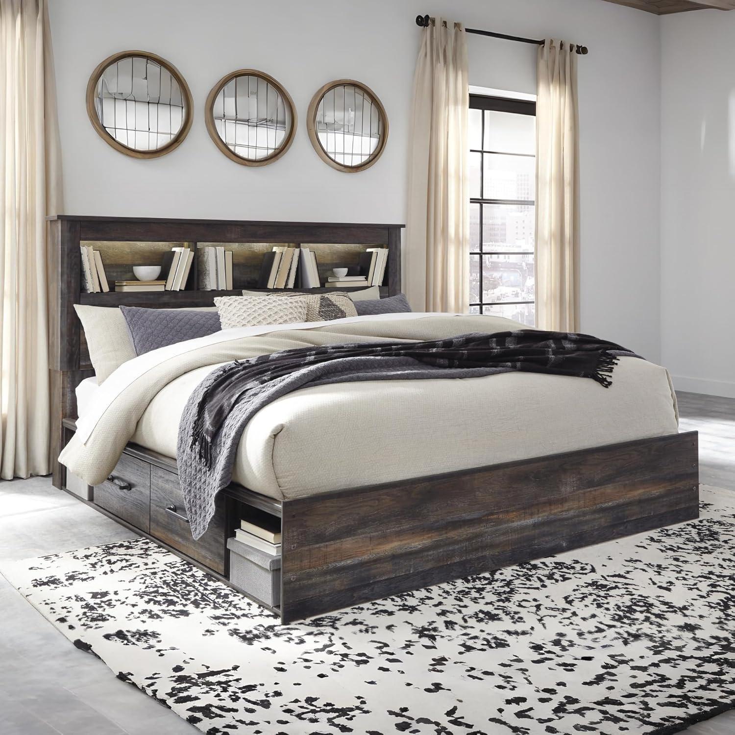 imageSignature Design by Ashley Drystan Rustic Full Bookcase Bed with Open Cubbies and LED Lights Foundation or Box Spring Needed Dark Brown ampamp GrayKing