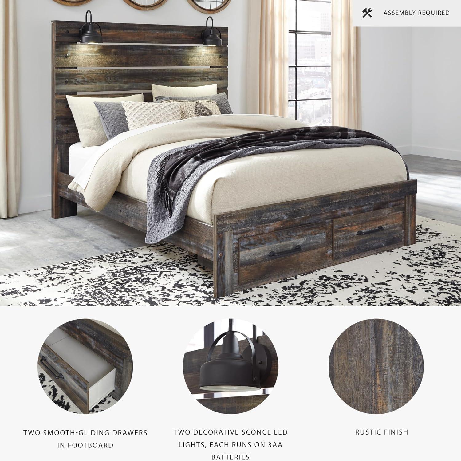 imageSignature Design by Ashley Drystan Rustic Full Bookcase Bed with Open Cubbies and LED Lights Foundation or Box Spring Needed Dark Brown ampamp GrayQueen