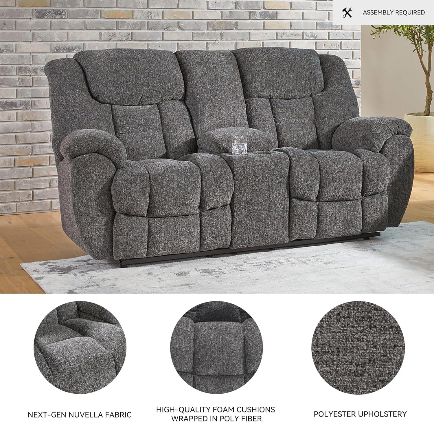 imageSignature Design by Ashley Foreside Contemporary Stain Resistant Manual Reclining Sofa GrayReclining Loveseat with Console