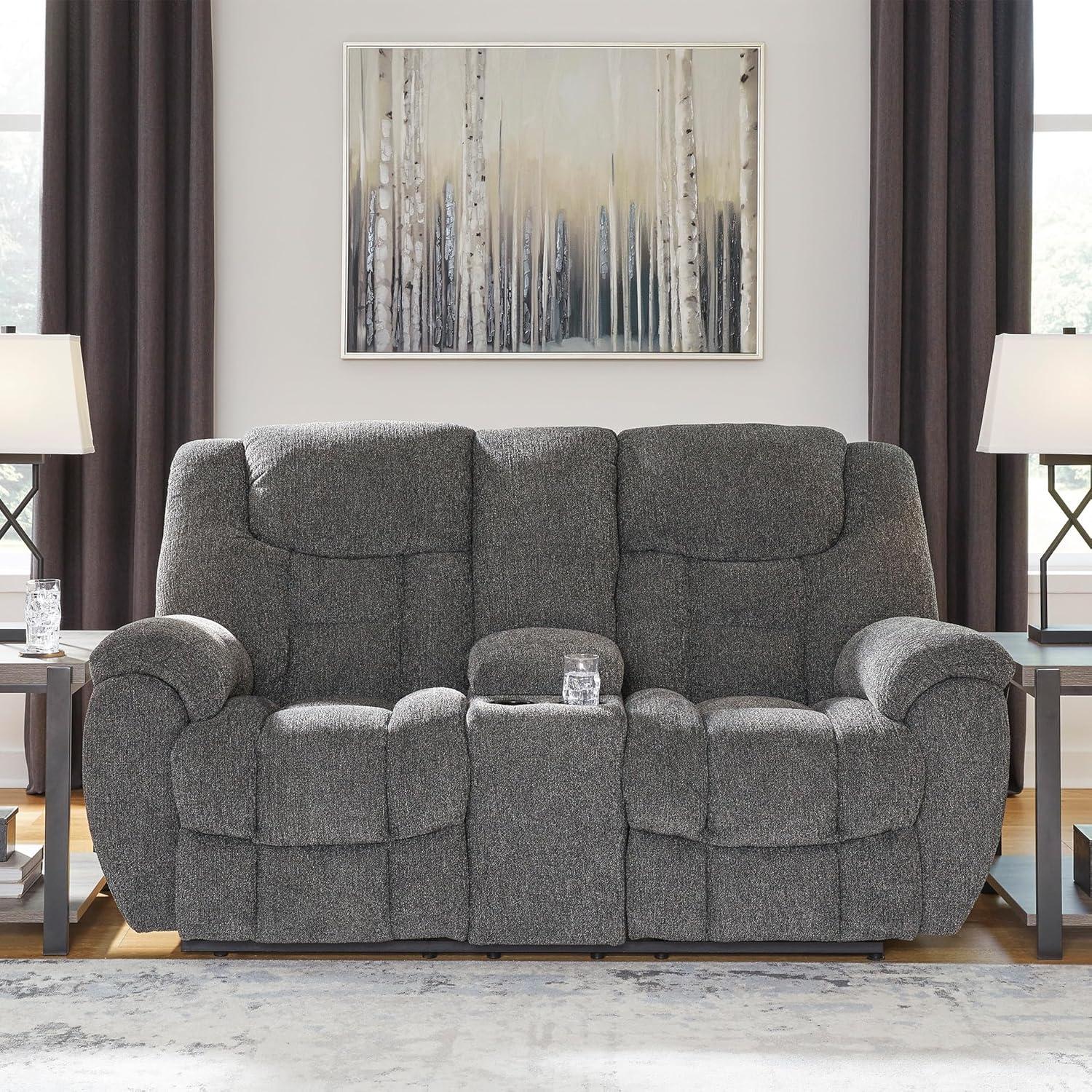 imageSignature Design by Ashley Foreside Contemporary Stain Resistant Manual Reclining Sofa GrayReclining Loveseat with Console