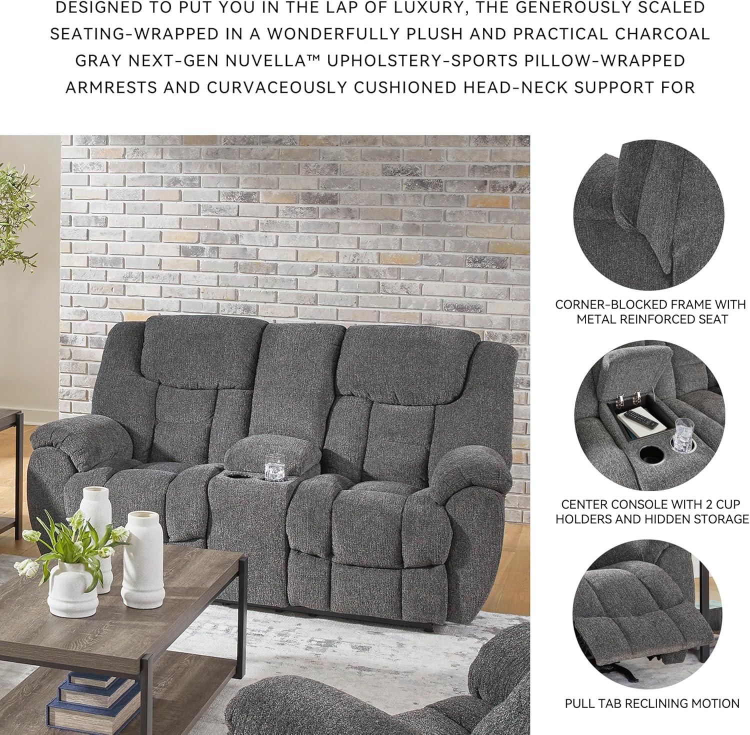imageSignature Design by Ashley Foreside Contemporary Stain Resistant Manual Reclining Sofa GrayReclining Loveseat with Console