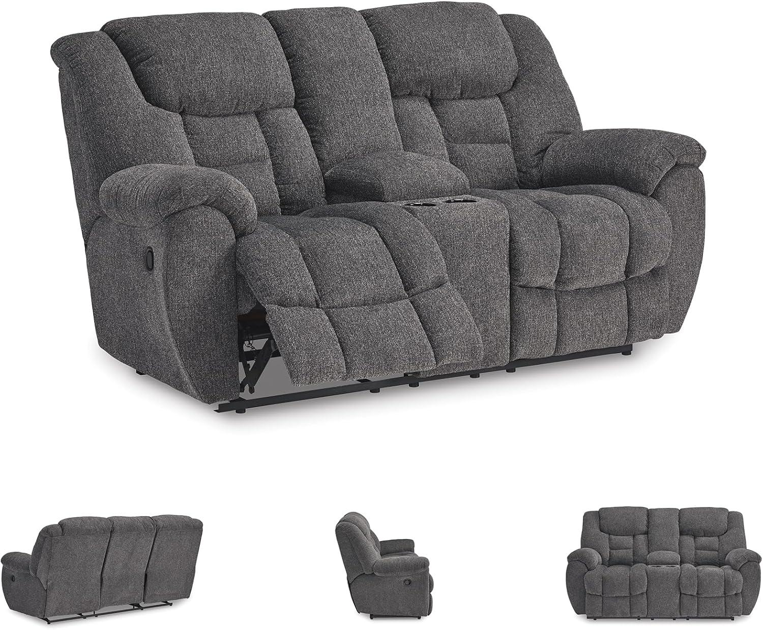 imageSignature Design by Ashley Foreside Contemporary Stain Resistant Manual Reclining Sofa GrayReclining Loveseat with Console