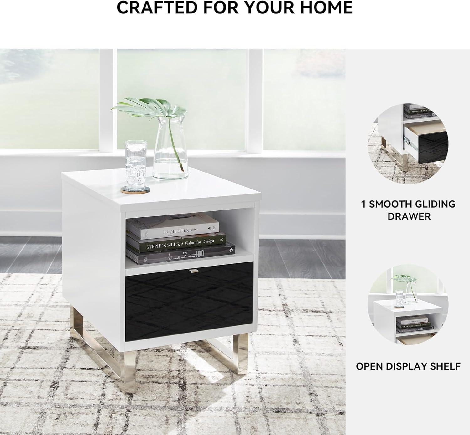 imageSignature Design by Ashley Gardoni Modern 1Drawer Chairside End Table with USB Ports Open Shelf and High Gloss Finish White ampamp Black