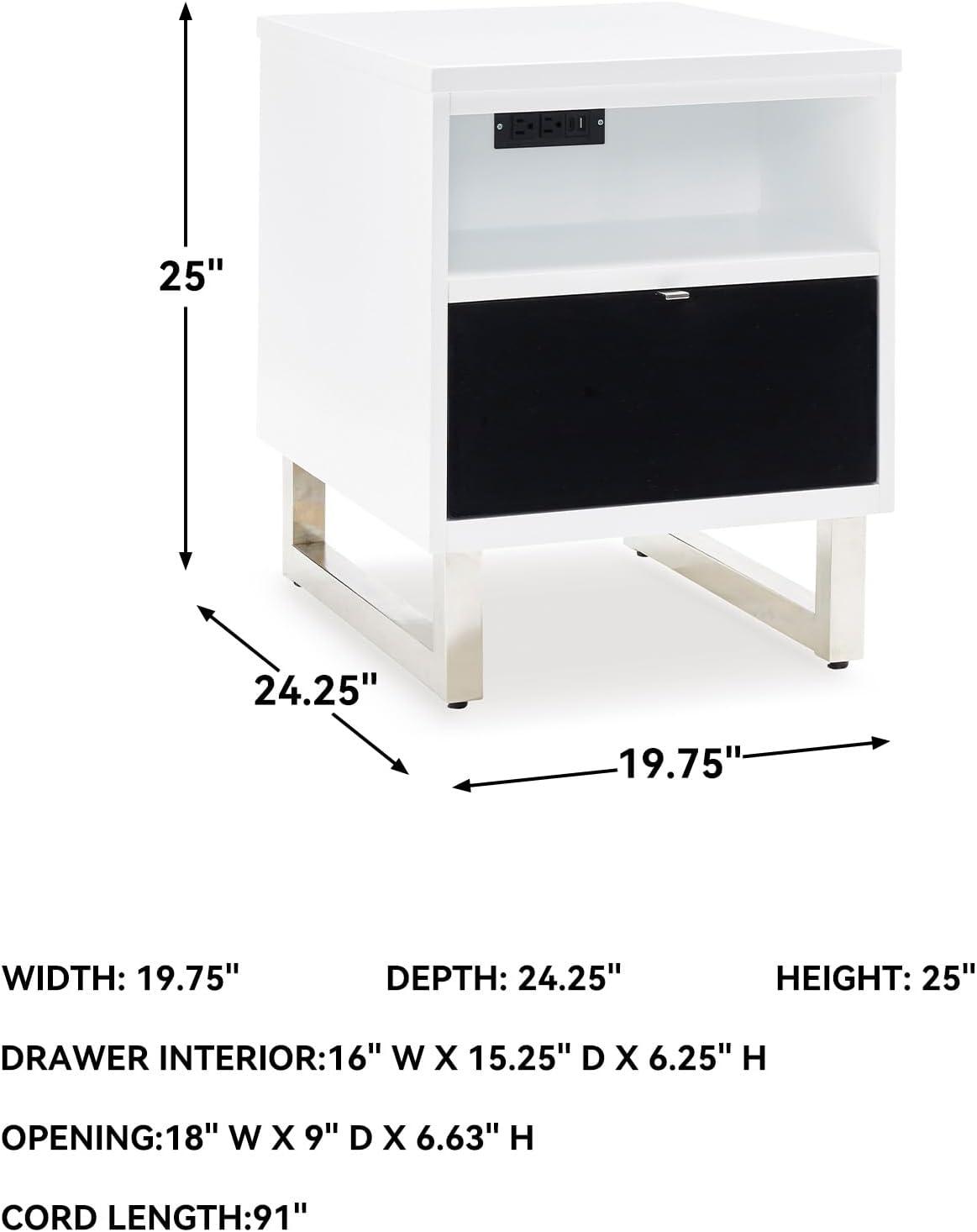 imageSignature Design by Ashley Gardoni Modern 1Drawer Chairside End Table with USB Ports Open Shelf and High Gloss Finish White ampamp Black