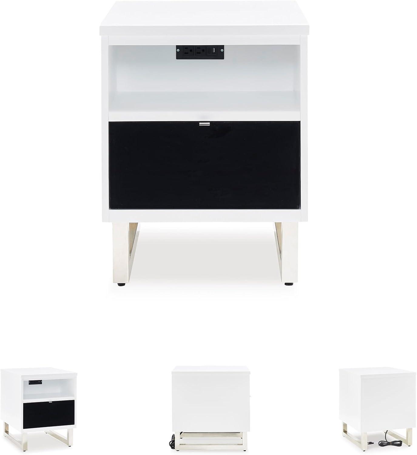 imageSignature Design by Ashley Gardoni Modern 1Drawer Chairside End Table with USB Ports Open Shelf and High Gloss Finish White ampamp Black