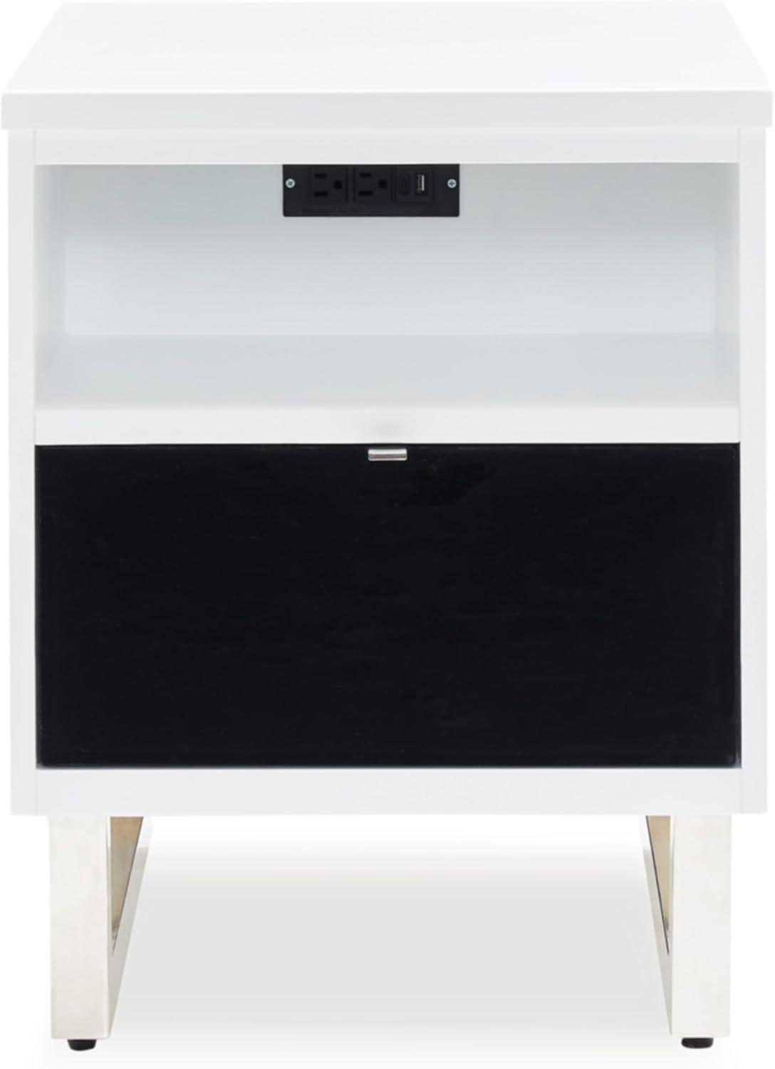 imageSignature Design by Ashley Gardoni Modern 1Drawer Chairside End Table with USB Ports Open Shelf and High Gloss Finish White ampamp Black