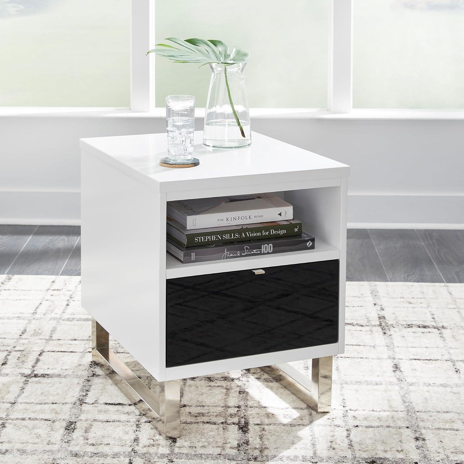 imageSignature Design by Ashley Gardoni Modern 1Drawer Chairside End Table with USB Ports Open Shelf and High Gloss Finish White ampamp Black