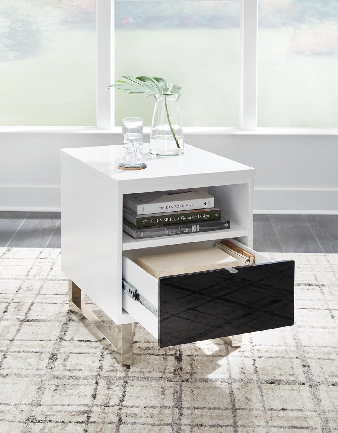 imageSignature Design by Ashley Gardoni Modern 1Drawer Chairside End Table with USB Ports Open Shelf and High Gloss Finish White ampamp Black