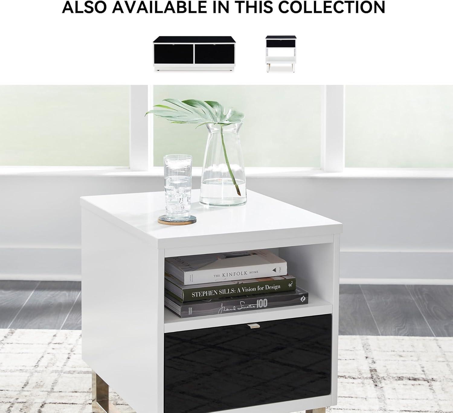 imageSignature Design by Ashley Gardoni Modern 1Drawer Chairside End Table with USB Ports Open Shelf and High Gloss Finish White ampamp Black