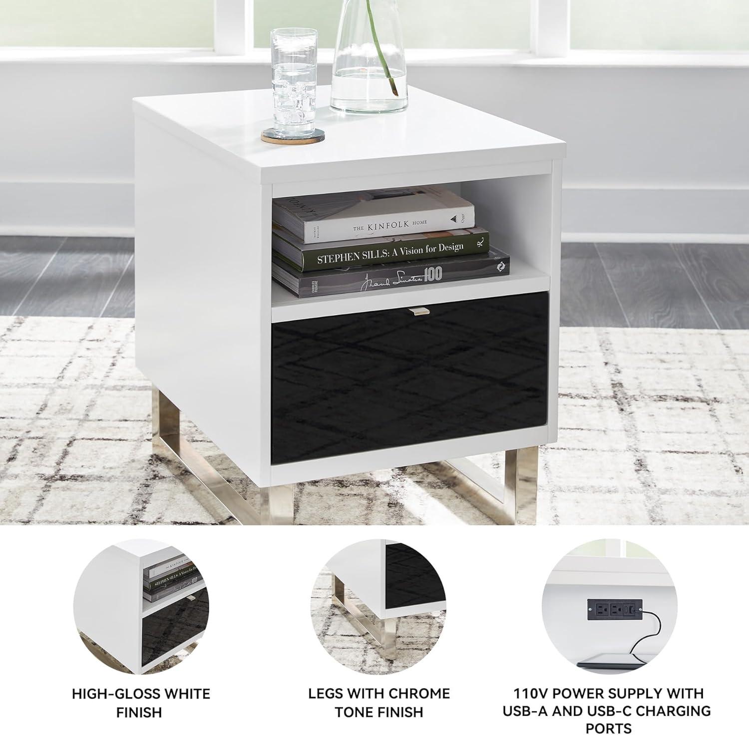 imageSignature Design by Ashley Gardoni Modern 1Drawer Chairside End Table with USB Ports Open Shelf and High Gloss Finish White ampamp Black