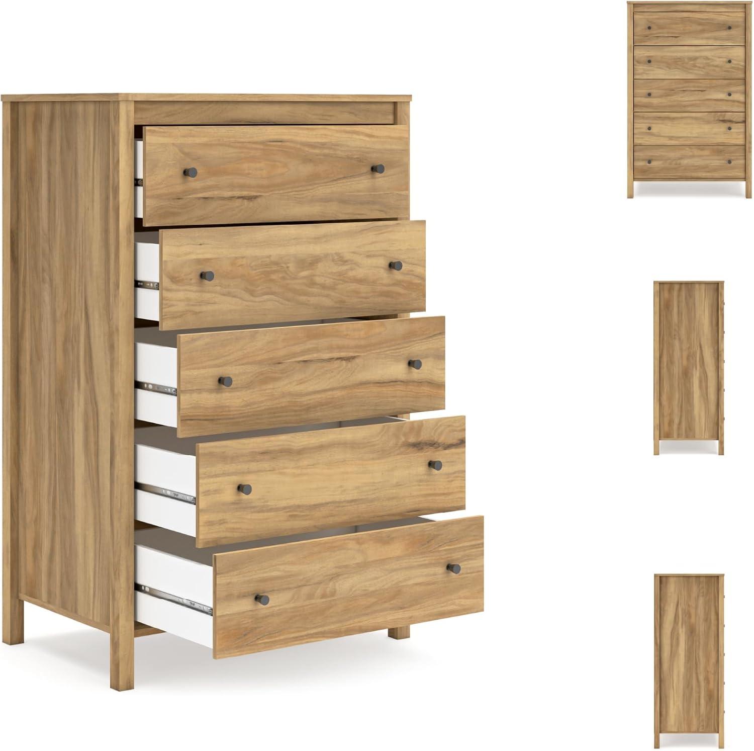 imageSignature Design by Ashley Hallityn Coastal 5 Drawer Chest with Safety Stop for Bedroom WhiteLight Brown