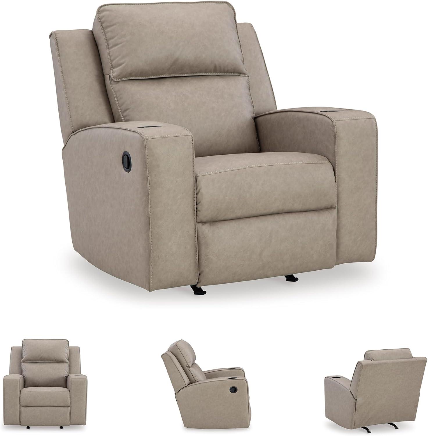 imageSignature Design by Ashley Lavenhorne Contemporary Faux Leather Upholstered Manual Rocker Recliner with 2 Cup Holders BeigeBeige