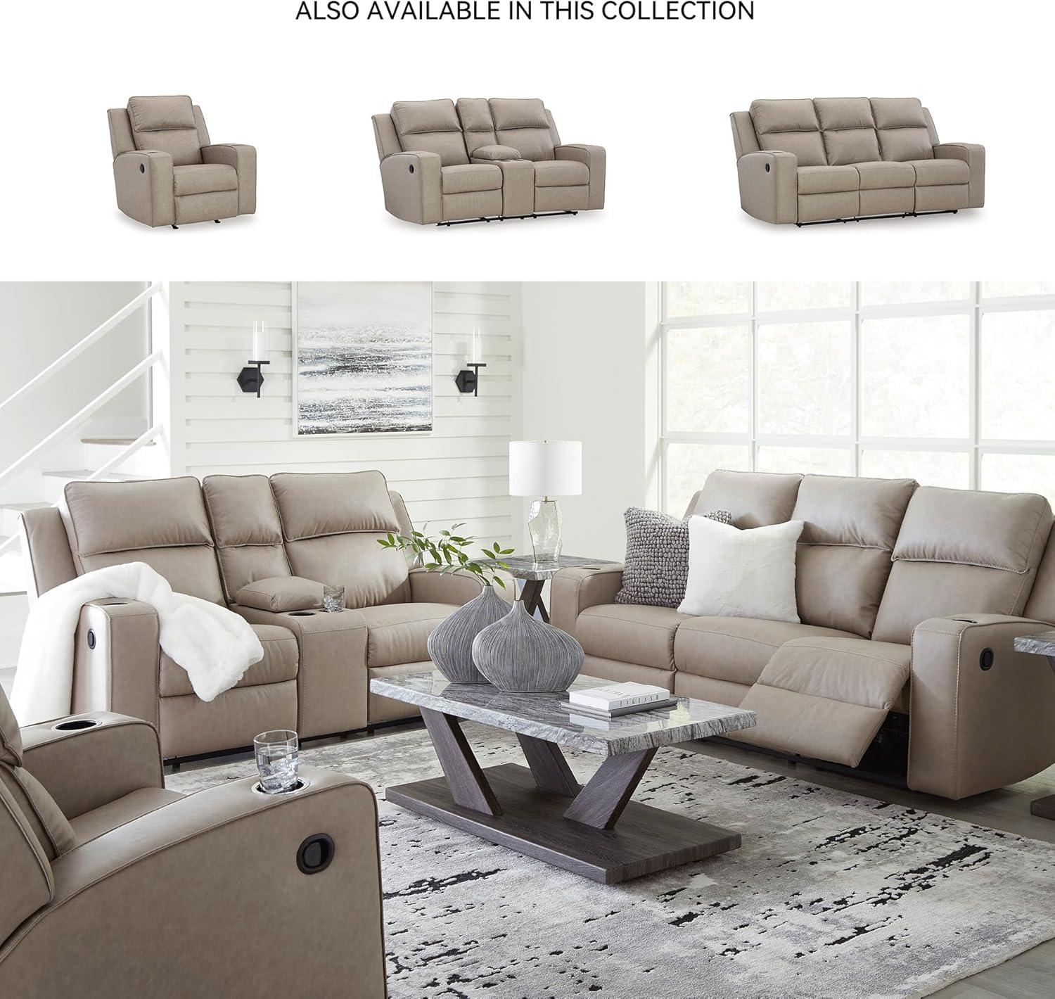 imageSignature Design by Ashley Lavenhorne Contemporary Faux Leather Upholstered Manual Rocker Recliner with 2 Cup Holders BeigeBeige