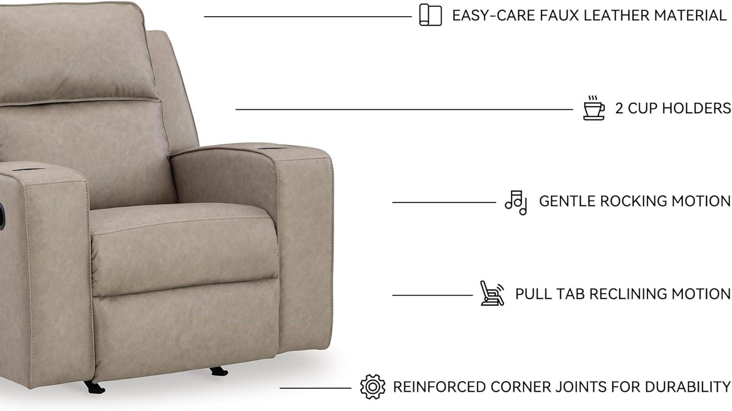 imageSignature Design by Ashley Lavenhorne Contemporary Faux Leather Upholstered Manual Rocker Recliner with 2 Cup Holders BeigeBeige
