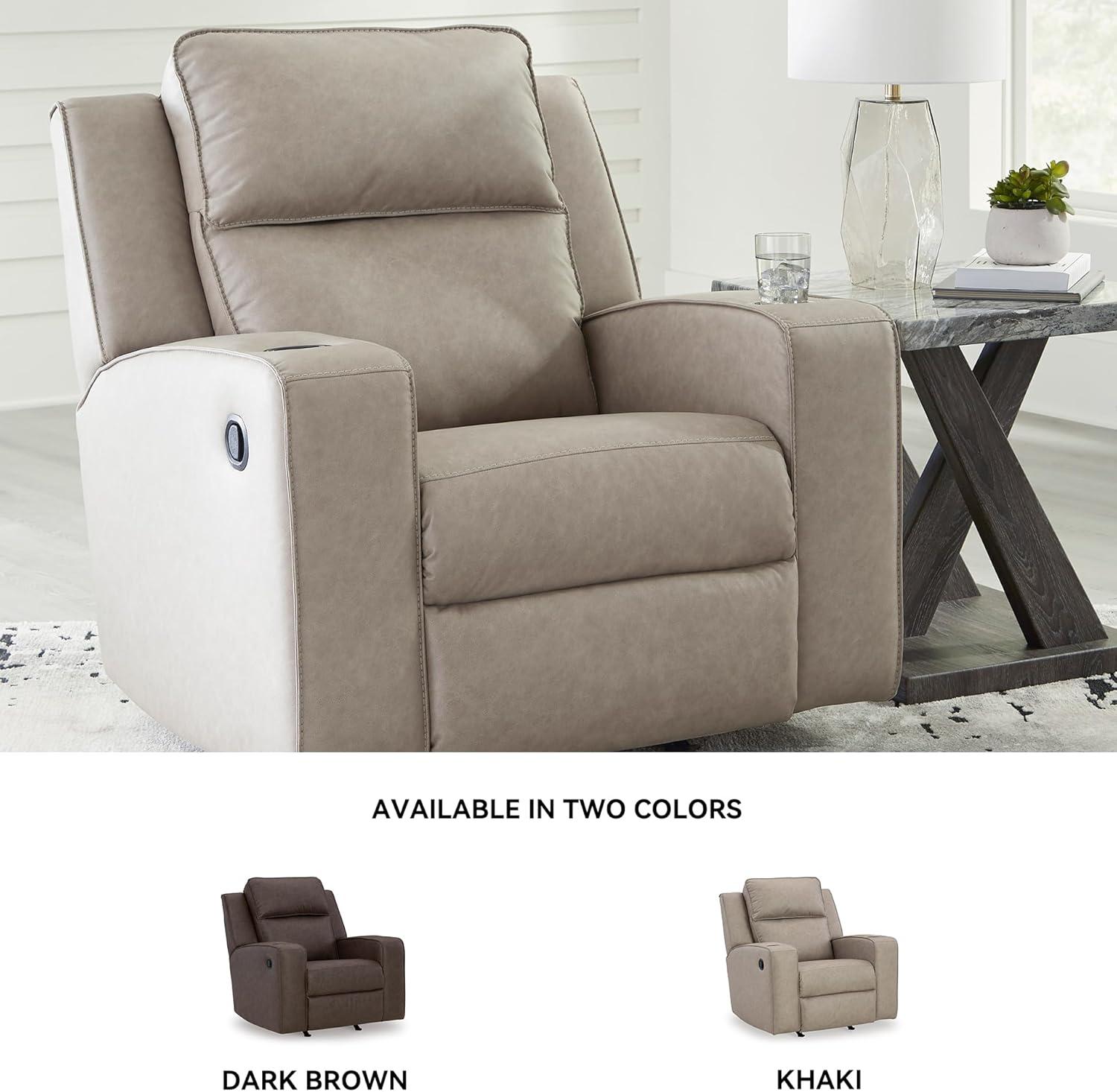 imageSignature Design by Ashley Lavenhorne Contemporary Faux Leather Upholstered Manual Rocker Recliner with 2 Cup Holders BeigeBeige