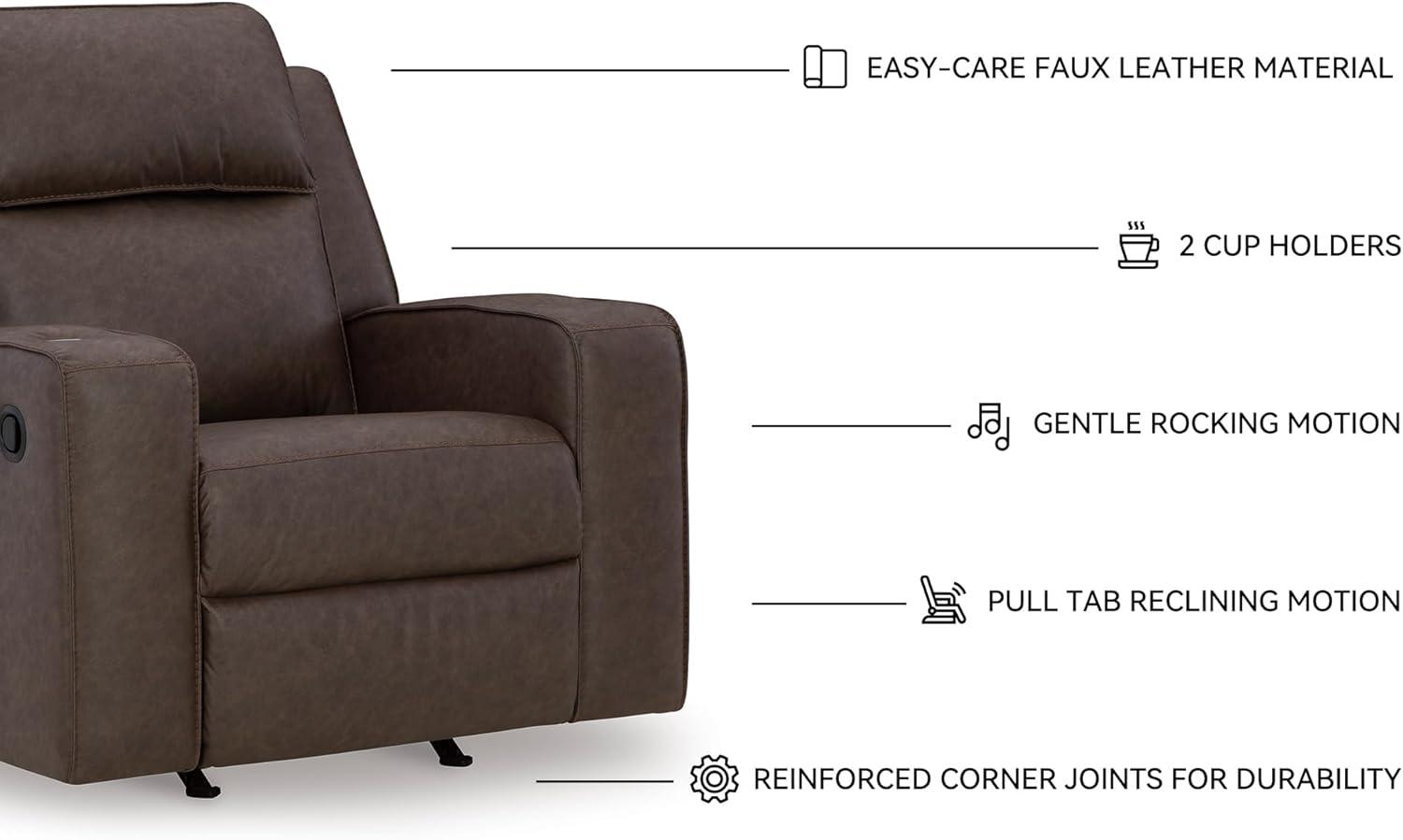 imageSignature Design by Ashley Lavenhorne Contemporary Faux Leather Upholstered Manual Rocker Recliner with 2 Cup Holders BeigeDark Brown
