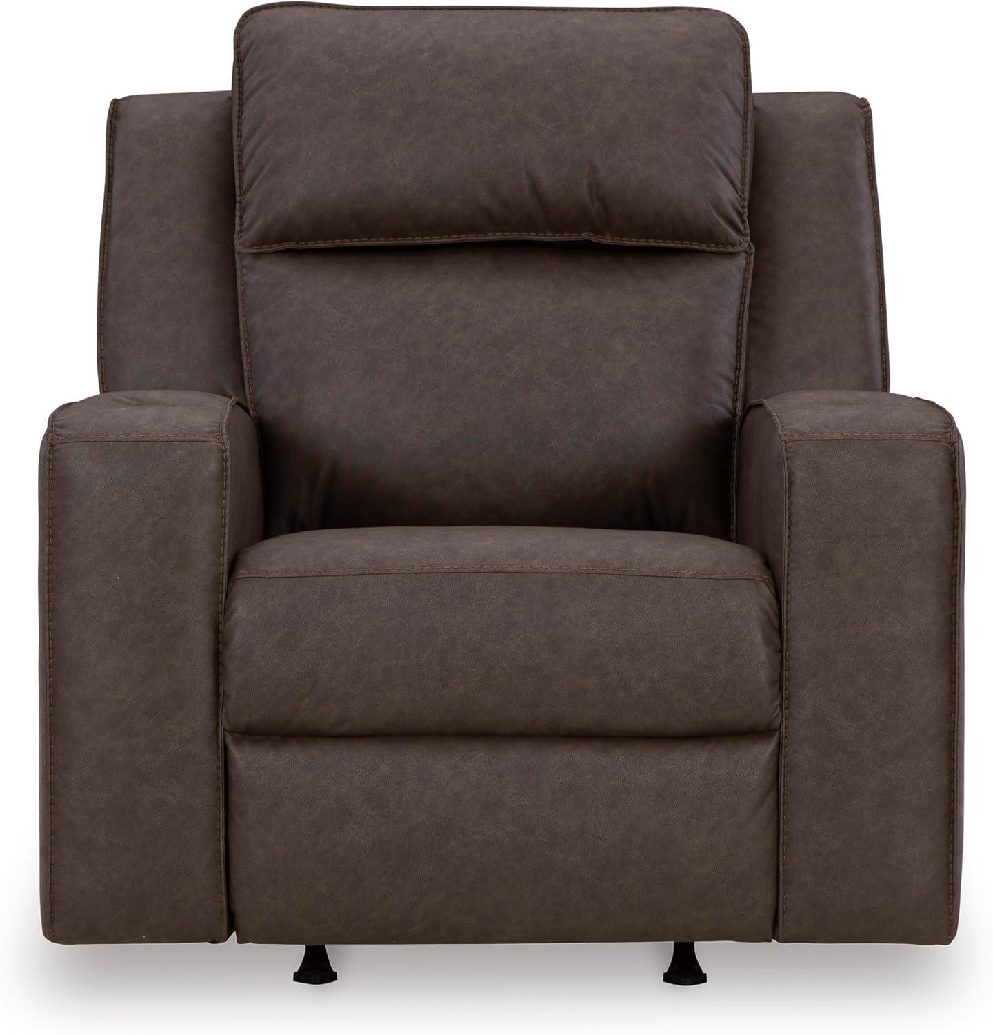 imageSignature Design by Ashley Lavenhorne Contemporary Faux Leather Upholstered Manual Rocker Recliner with 2 Cup Holders BeigeDark Brown