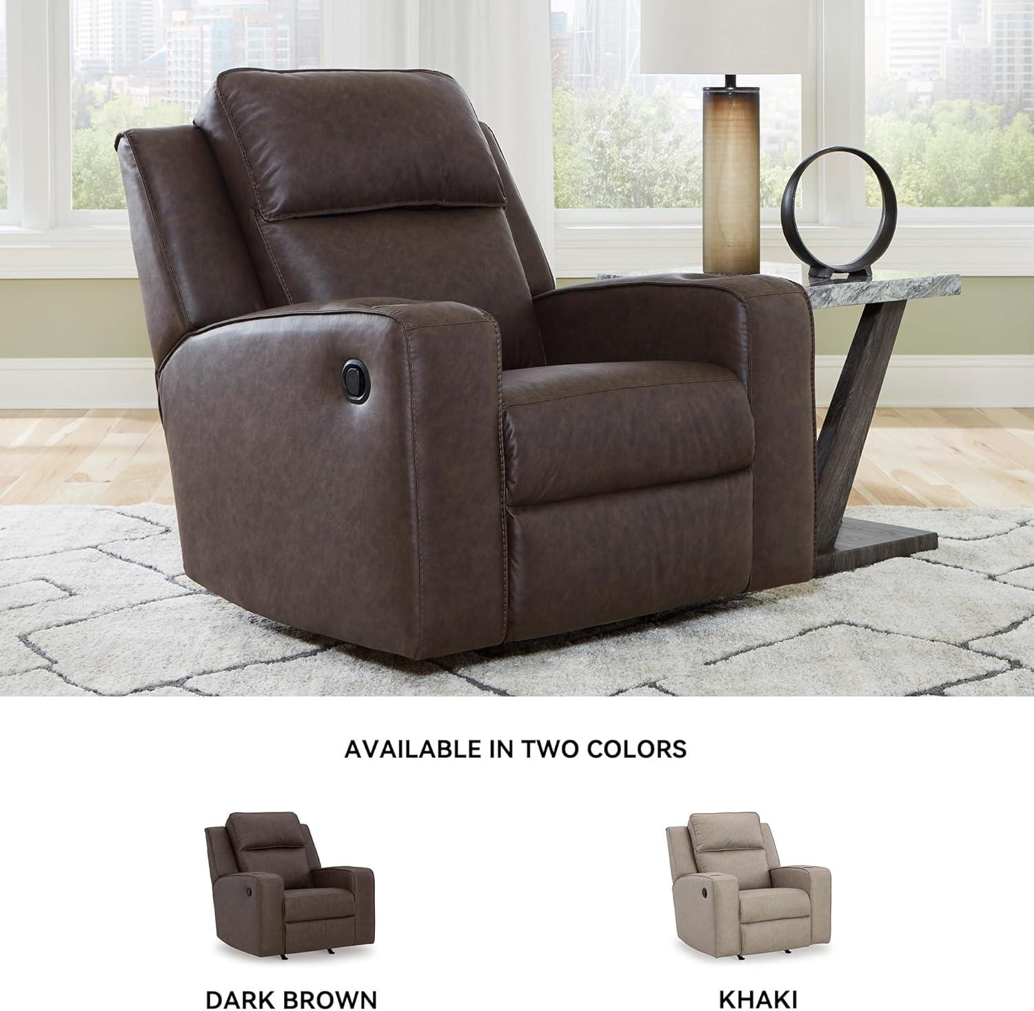 imageSignature Design by Ashley Lavenhorne Contemporary Faux Leather Upholstered Manual Rocker Recliner with 2 Cup Holders BeigeDark Brown