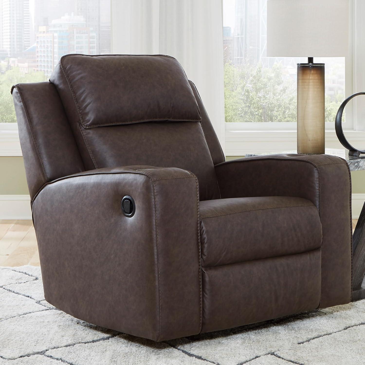 imageSignature Design by Ashley Lavenhorne Contemporary Faux Leather Upholstered Manual Rocker Recliner with 2 Cup Holders BeigeDark Brown