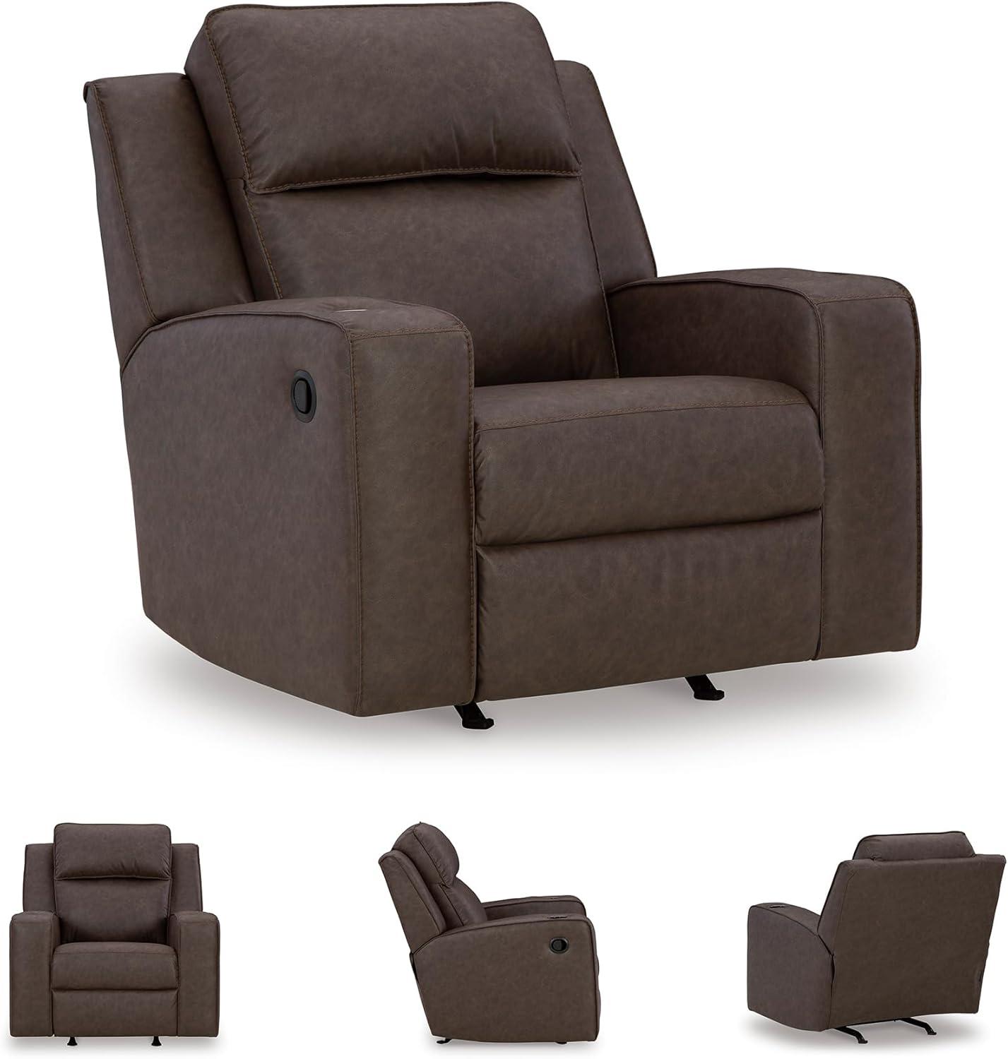 imageSignature Design by Ashley Lavenhorne Contemporary Faux Leather Upholstered Manual Rocker Recliner with 2 Cup Holders BeigeDark Brown