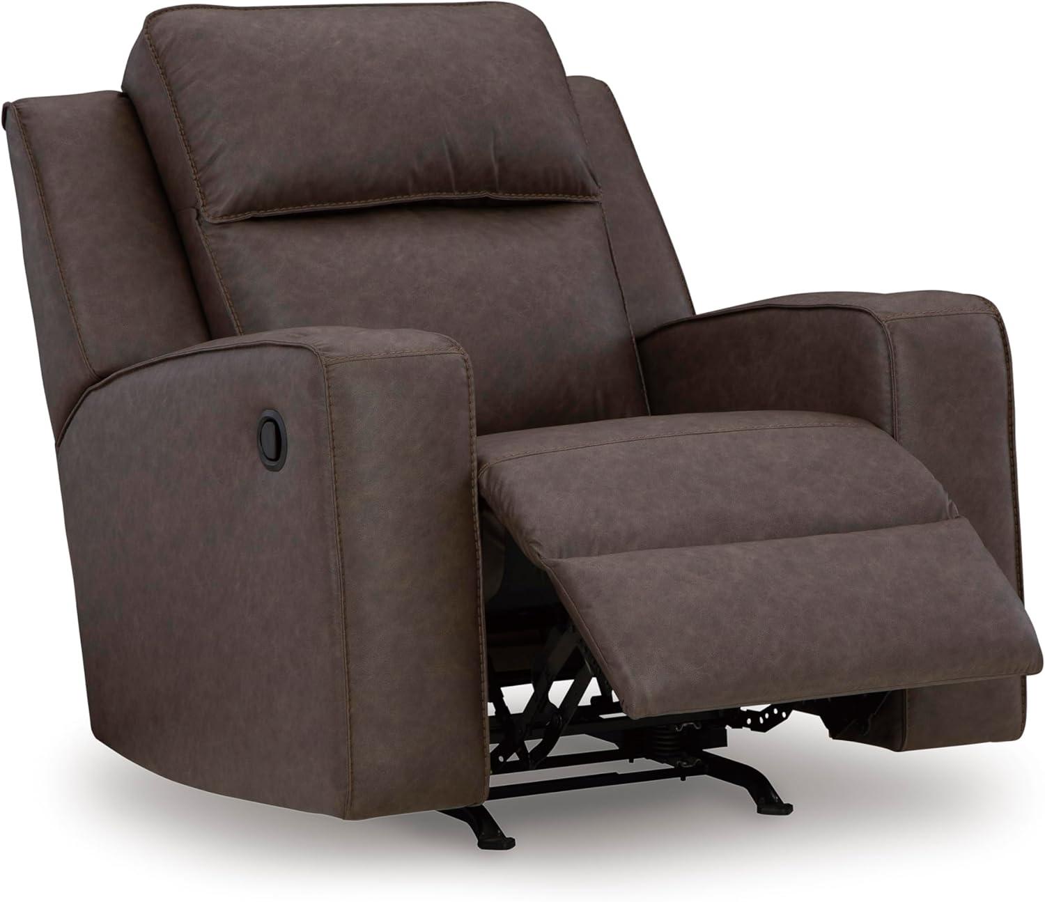 imageSignature Design by Ashley Lavenhorne Contemporary Faux Leather Upholstered Manual Rocker Recliner with 2 Cup Holders BeigeDark Brown