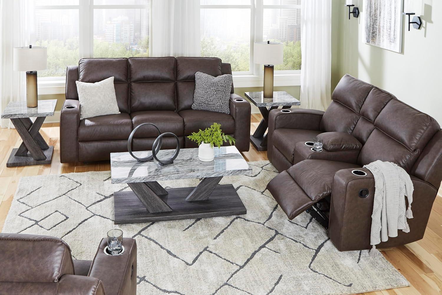 imageSignature Design by Ashley Lavenhorne Contemporary Faux Leather Upholstered Manual Rocker Recliner with 2 Cup Holders BeigeDark Brown