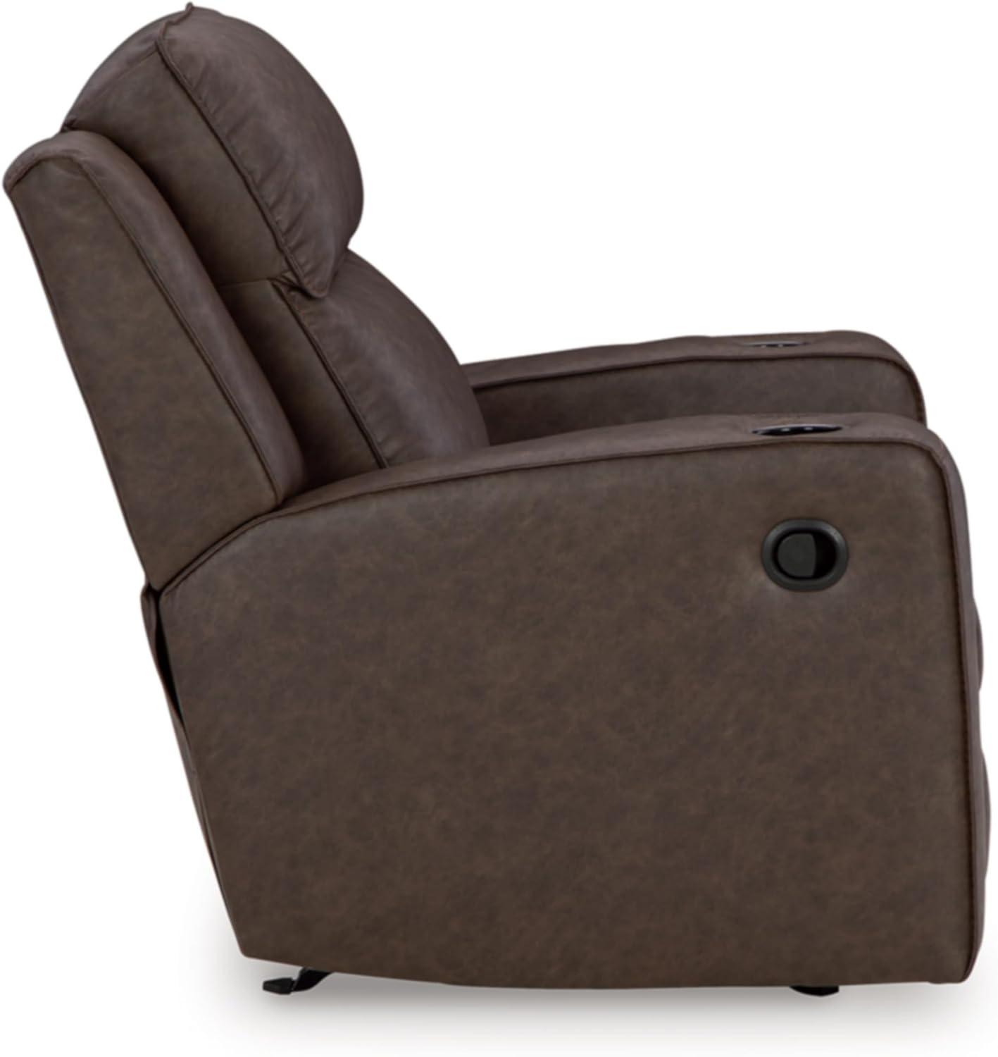 imageSignature Design by Ashley Lavenhorne Contemporary Faux Leather Upholstered Manual Rocker Recliner with 2 Cup Holders BeigeDark Brown