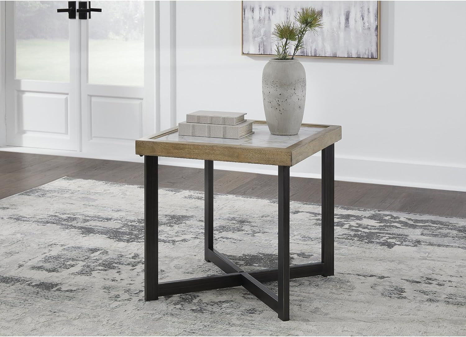 imageSignature Design by Ashley Montia Modern StoneTabletop End Table with Cross Legs Dark Brown ampamp Black